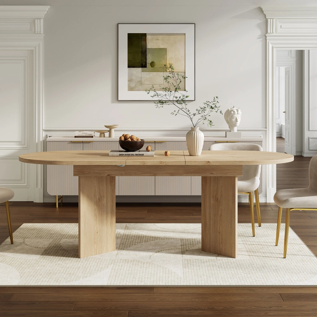 Tavolo da pranzo allungabile con piano da 18 mm, 2 ante pieghevoli e angoli arrotondati, per 4-8 persone, in MDF, rovere