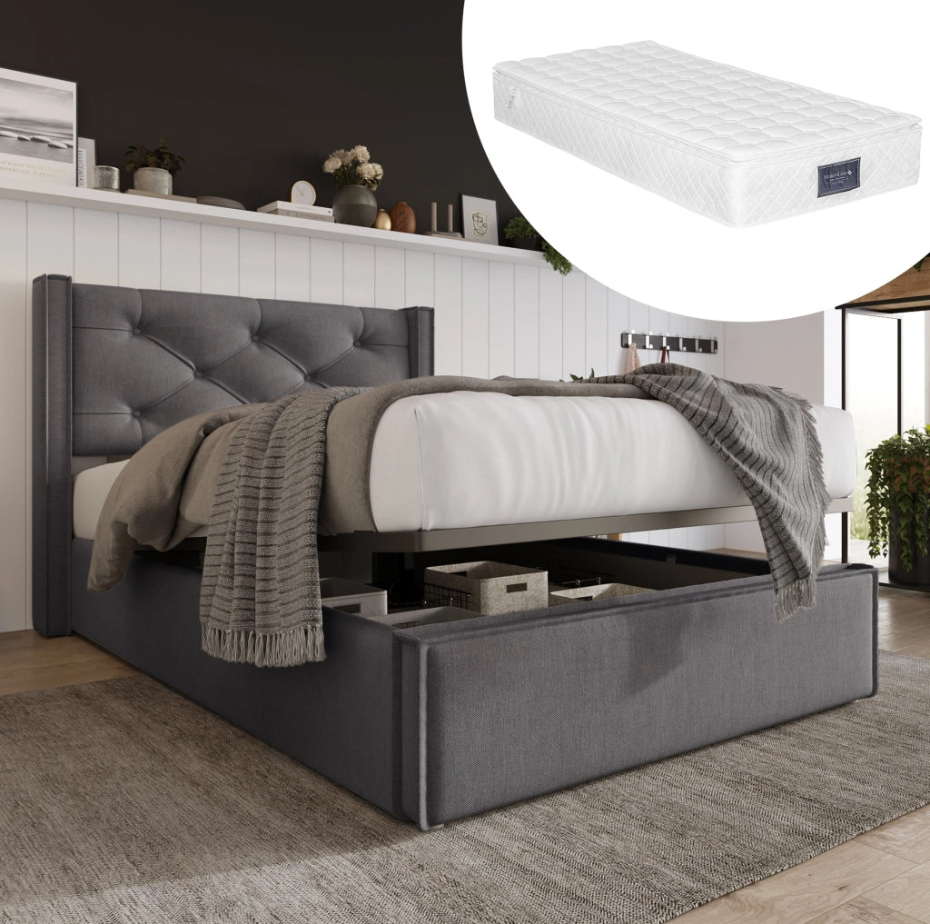 Letto imbottito grigio 90x200 cm con contenitore e materasso a molle