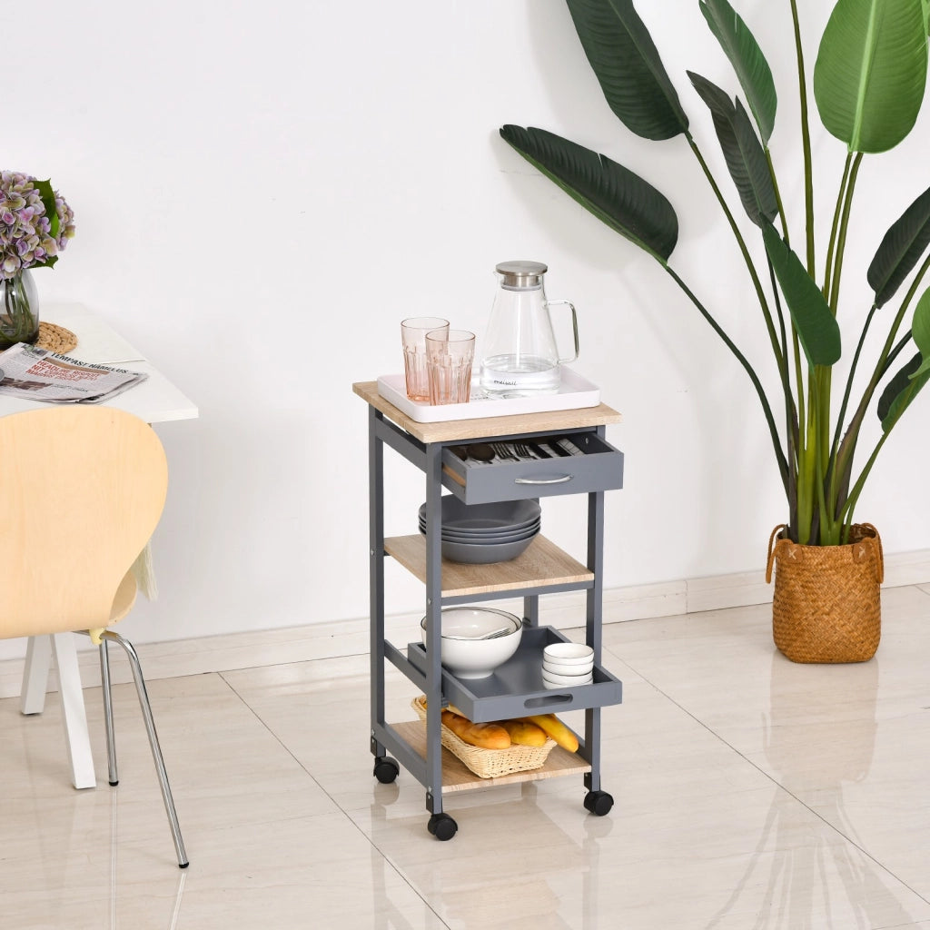 EasyComfort Carrello da Cucina Portavivande con Cassetto, 2 Ripiani e Vassoio Estraibile, 37x37x76cm, Grigio