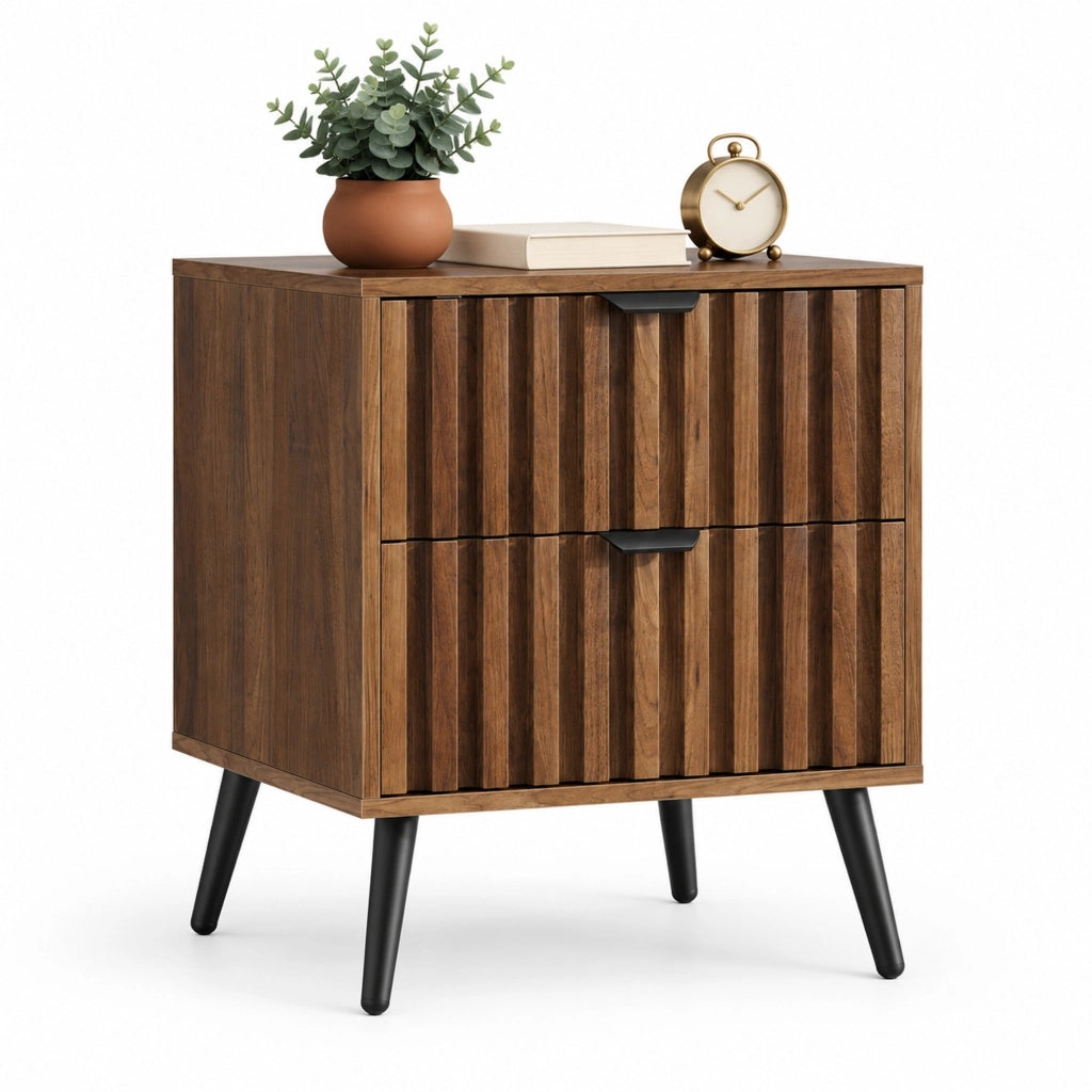 Comodino 45x40x53 cm noce in MDF, 2 cassetti con gambe in metallo