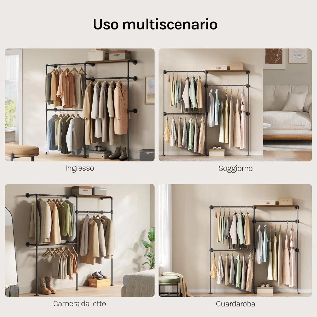 Attaccapanni a Muro, Appendiabiti da Parete, con Mensola Superiore e 3 Barre, per Soggiorno, Camera da Letto, Nero + Marrone Vintage
