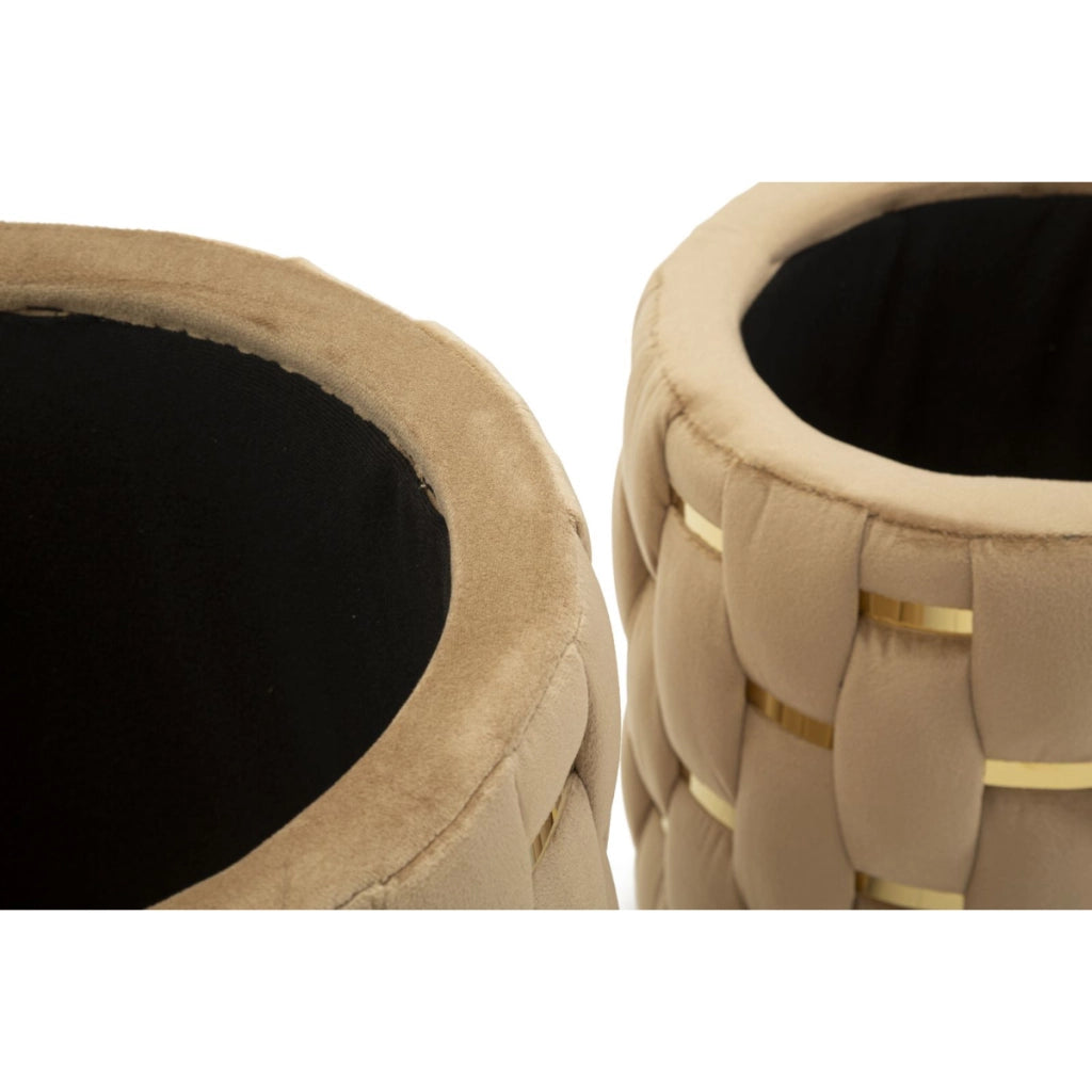 Set 2 pouf contenitore Shanty in velluto oro Ø37x42 e Ø28x35 cm