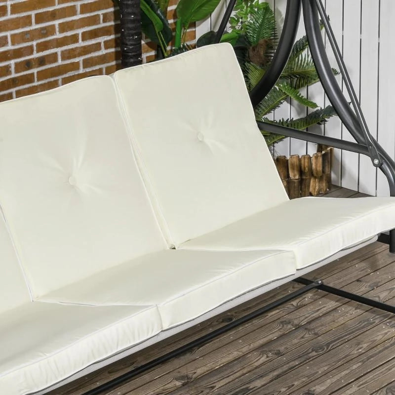 DONDOLO LETTO DA GIARDINO 3 POSTI CON TETTUCCIO REGOLABILE, IN ACCIAIO E POLIESTERE, 195X117X175 CM, CREMA E NERO