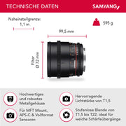 85/1,5 Obiettivo Video DSLR II MFT Messa a fuoco manuale Obiettivo Video Ingranaggio 0,8, Ritratto nero