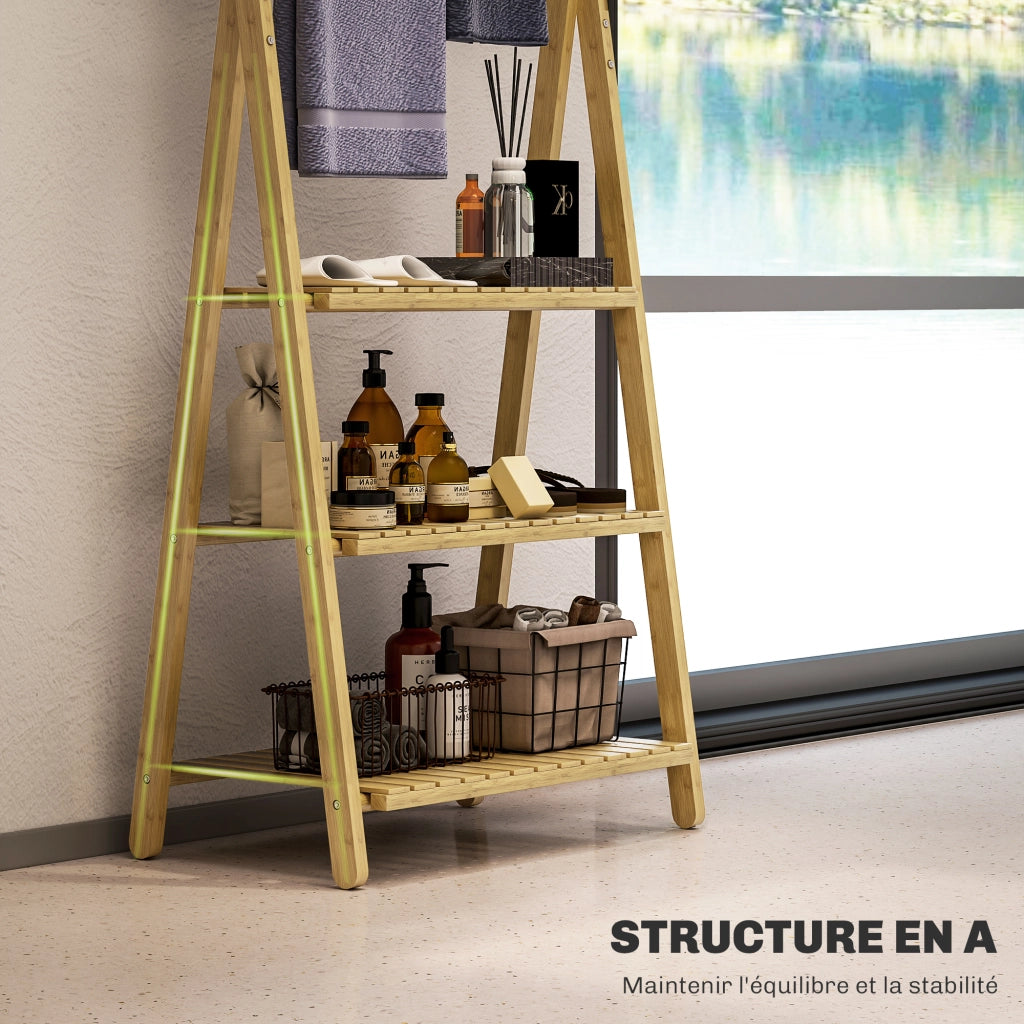 Scaffale bagno pieghevole 3 ripiani in bamb¨´ portasciugamani 53,5x30x153cm effetto legno naturale ¨C Xylo