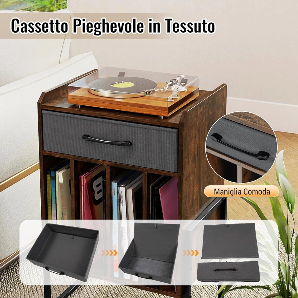 Supporto per Giradischi, Mobile Giradischi in Legno con Cassetto in Tessuto e 4 Scomparti, per fino a 160 Dischi in Vinile, Scaffale per Dischi in Stile Retrò per Soggiorno e Camera da Letto
