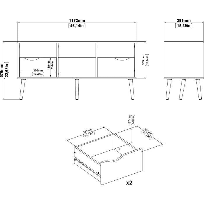 Mobile TV - 4 nicchie 2 cassetti - Bianco / Rovere - 117,2 x 39,1 x 57,4 cm - TVILUM
