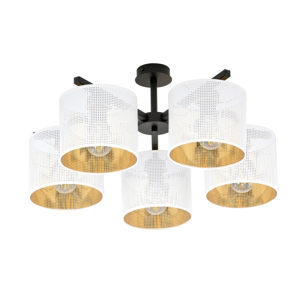 Plafoniera Industrial 5 Luci Cigno In Acciaio Bianco E Paralumi A Cilindro Oro