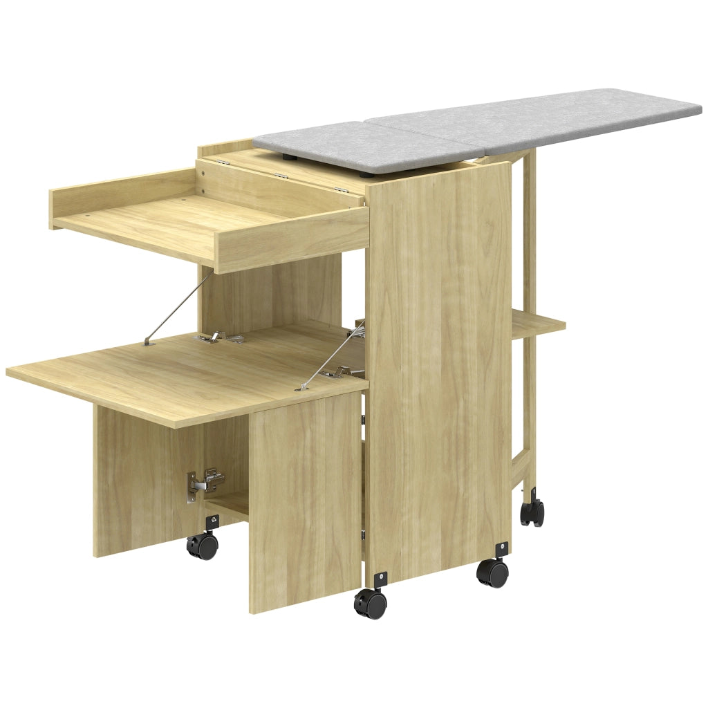 Mobile Asse da Stiro Pieghevole con Porta Ferro e Indumenti con Vano Aperto.154x55x87 cm. Legno Naturale