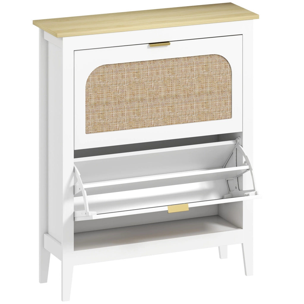 Scarpiera Slim Stile Boho con 2 Cassetti Ribaltabili per 14 Paia di Scarpe 80x24x95,5 cm Anta con Pannello in Rattan