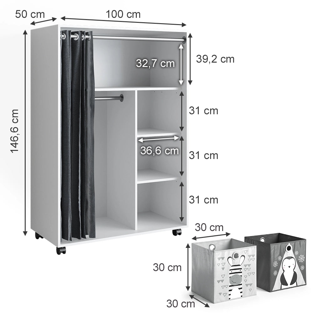 Vicco Armadio multifunzione Bianco 100 x 146.6 cm con box pieghevole