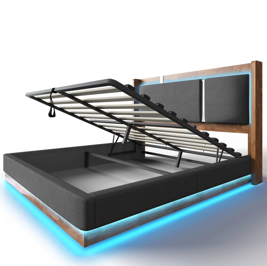 Letto imbottito 140x200 con LED, vano contenitore e rete a doghe