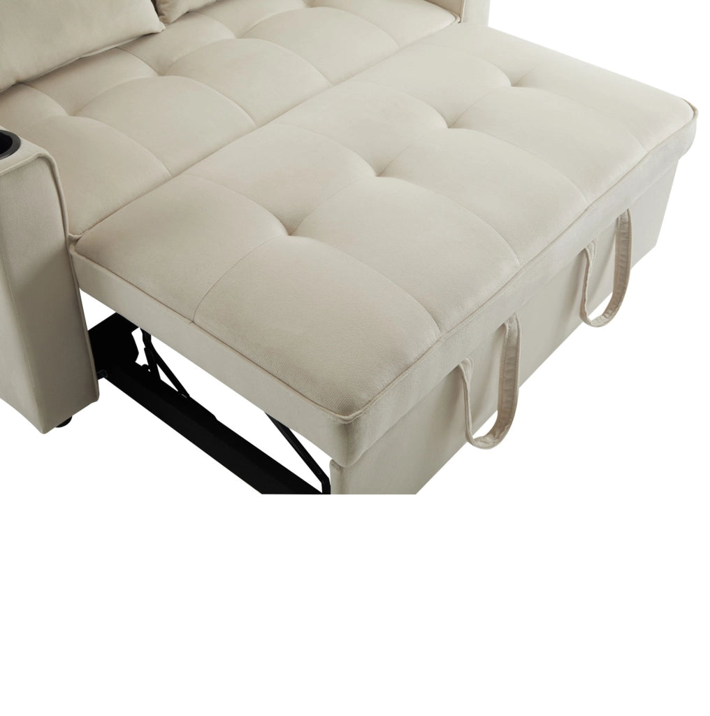 Divano letto 137 cm in velluto beige con portabicchieri， 3 in 1