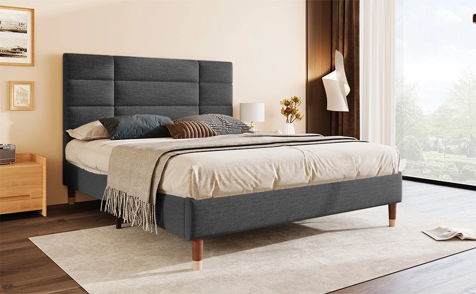 Letto imbottito matrimoniale 140 × 200 cm con testiera, materasso incluso e rete, per adulti e ragazzi, in lino grigio