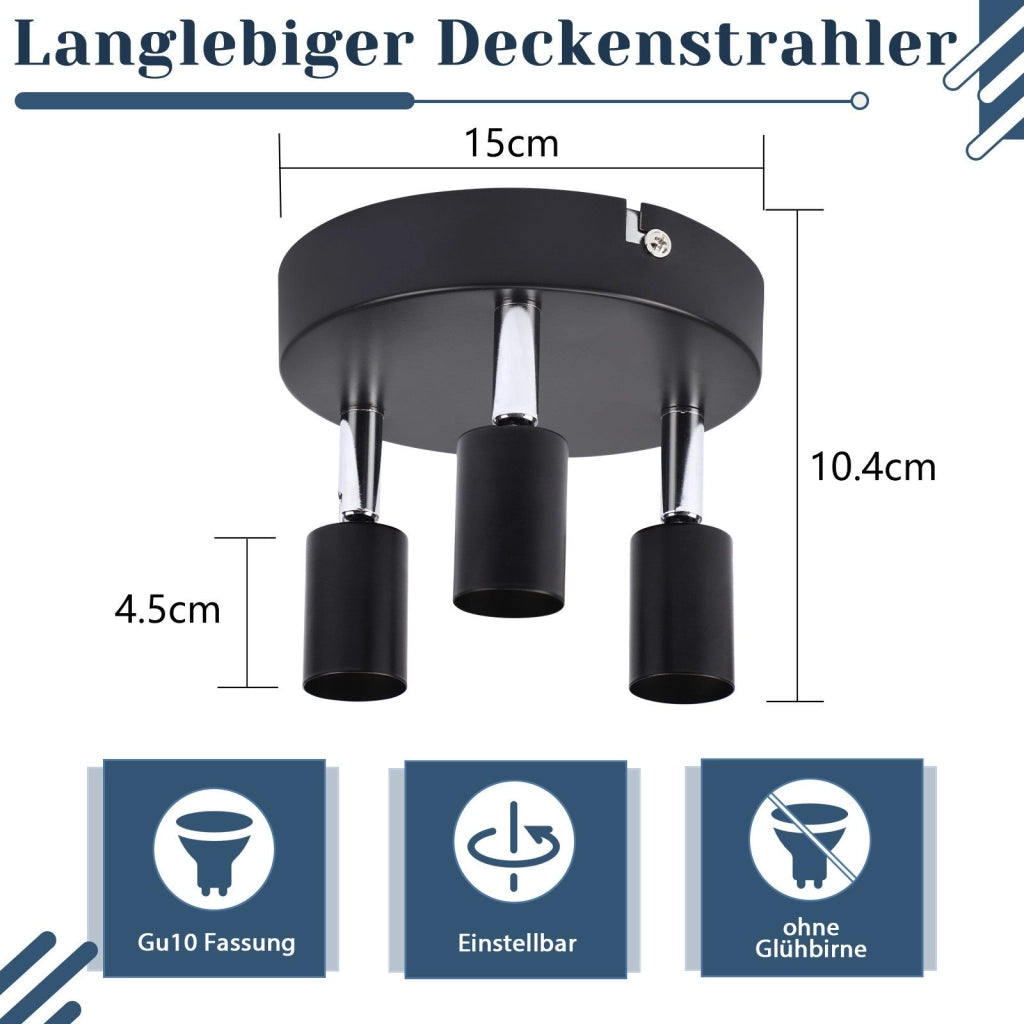 ZMH Faretto da soffitto neri 3 luci GU10 moderni rotondi orientabili 350° per cucina corridoio soggiorno senza lampadina