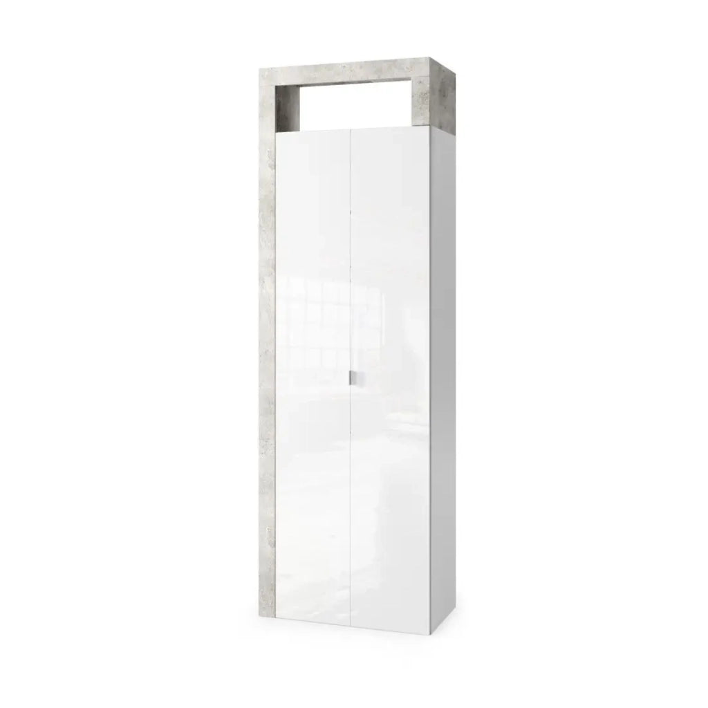 Mobile da bagno, 2 porte, collezione BURA. Colore bianco lucido laccato e grigio effetto cemento.