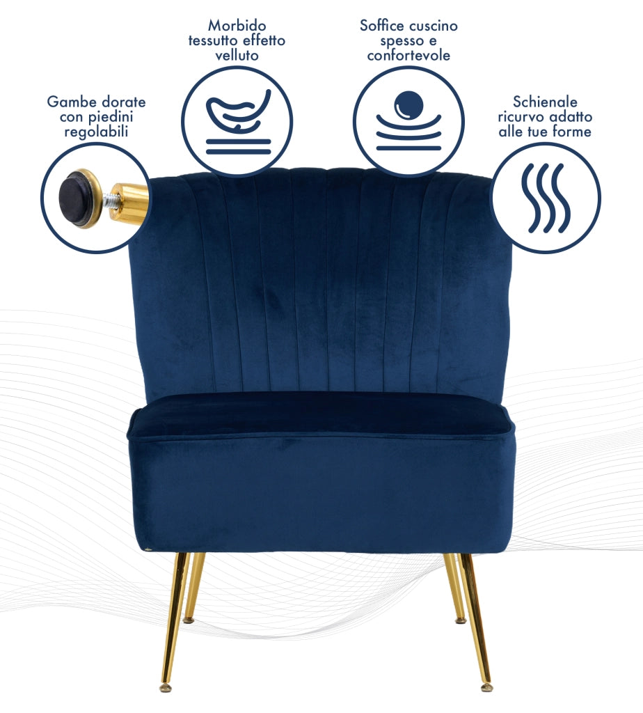 Poltrona Moderna Stile Scandinavo Comoda Rivestita In Velluto Poltroncina Da Camera Con Gambe Oro Sedia Per Ingresso Ufficio Casa Lavoro Divano Singolo Relax  - Blu