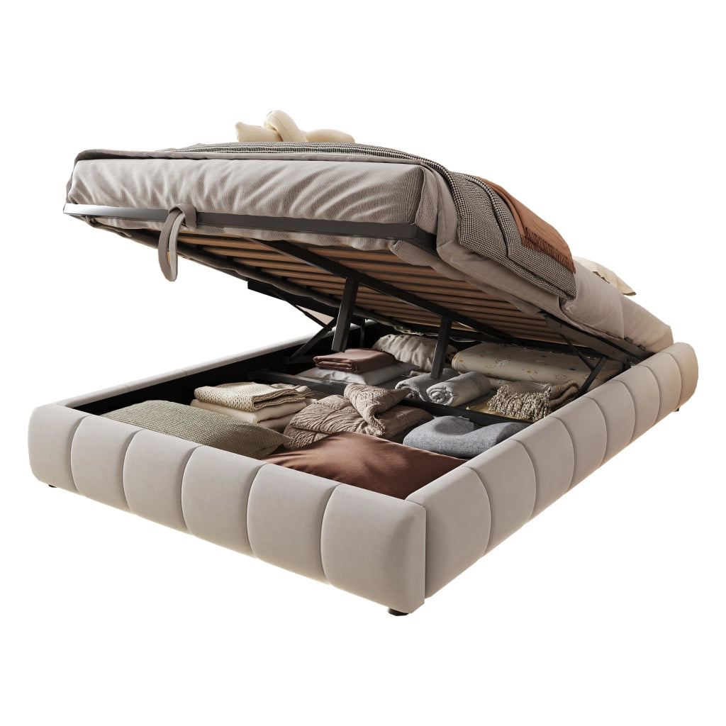 Letto imbottito 140 x 200 cm con struttura idraulica, luce LED bianca, contenitore salvaspazio, senza testiera, beige