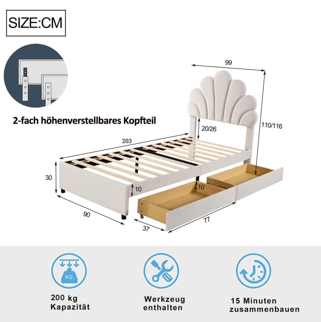 Letto imbottito 90x200 cm con 2 cassetti; velluto beige (Senza materasso)