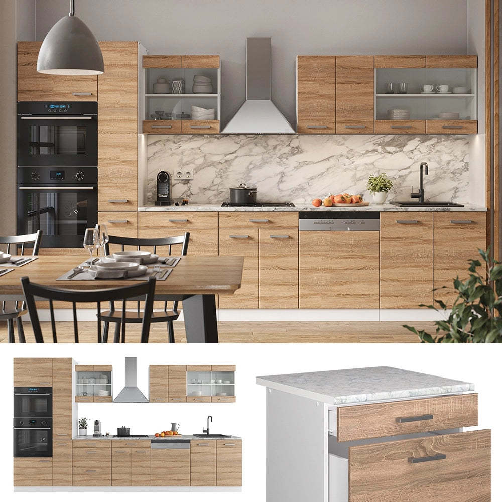 Cucina componibile R-Line Sonoma/Bianco 350 cm con armadio alto, PL Rovere Vicco