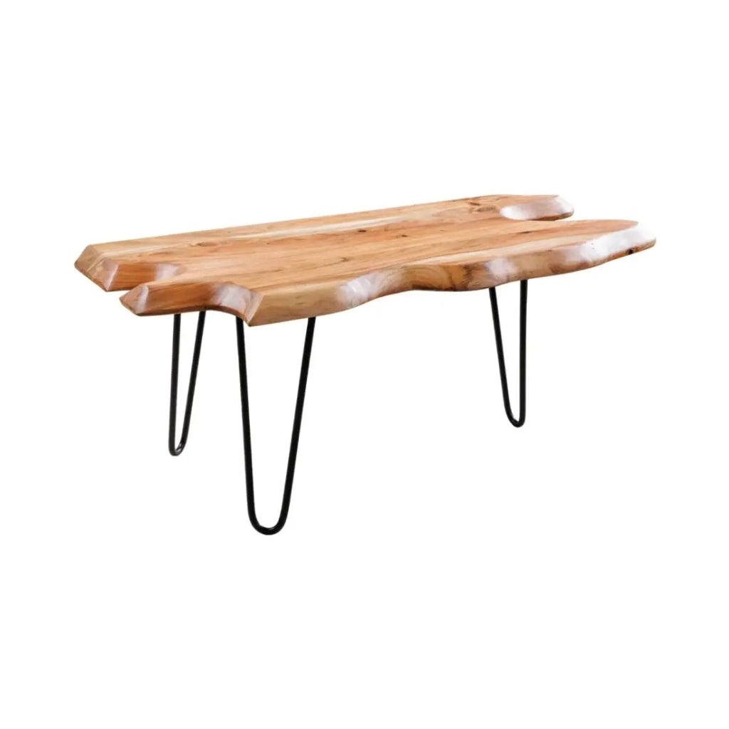 Table bassa RIVET in legno massiccio di acacia forma organica e metallo nero – tavolo design industriale naturale