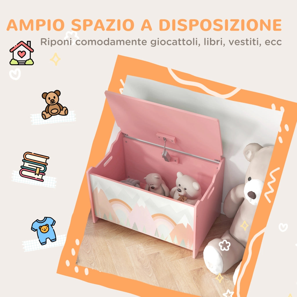 EasyComfort Baule Portagiochi per Bambini con Coperchio e Cerniera di Sicurezza in MDF, 60x37x39cm, Rosa