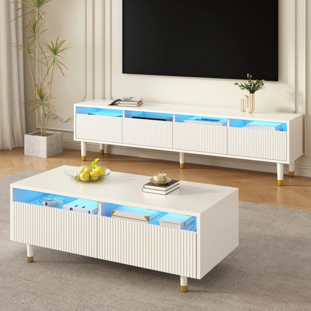 SET Mobile TV 4 ante e Tavolino 110/178 cm MDF Bianco con LED