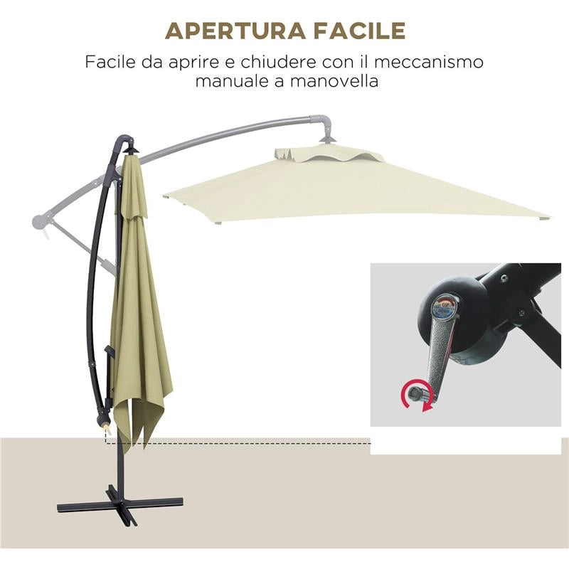 OMBRELLONE DA GIARDINO DECENTRATO CON BASE A CROCE E APERTURA A MANOVELLA 294X193CM BEIGE