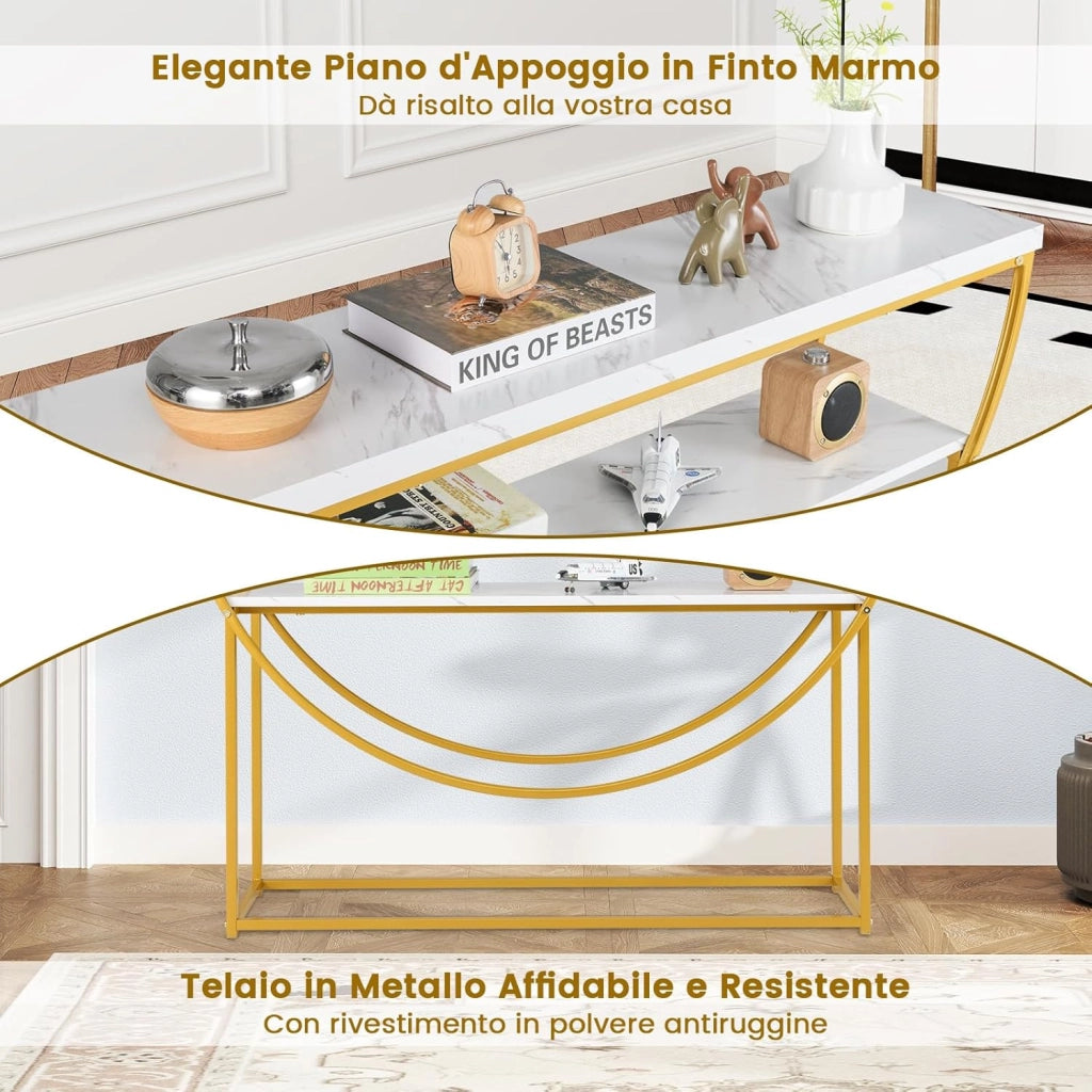 Tavolo Consolle a 2 Ripiani con Piano in Marmo Finto, Tavolo d’Ingresso con Struttura in Metallo Resistente e Mensola, Tavolino Lungo e Moderno per Corridoio, Ingresso e Salotto