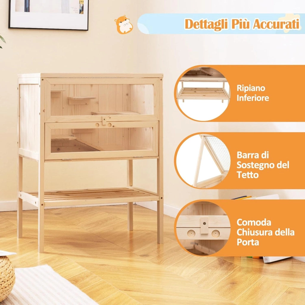 Gabbia per Criceti, Gabbia Criceti in Legno con Tetto a Rete, Aree Multiscala, Rampe, Ripiano Inferiore, Pannello in Acrilico, Porta Bloccabile, 60 x 40 x 80 cm