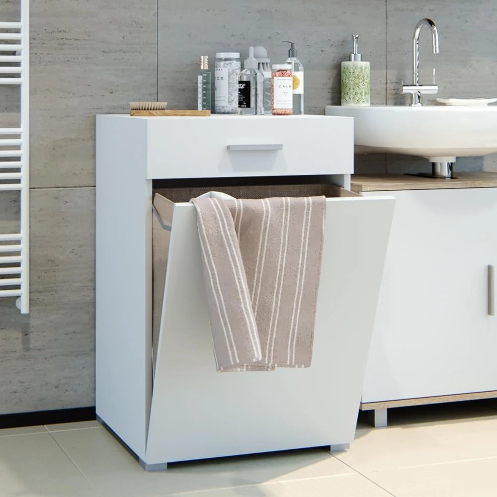 Armadietto da bagno con portabiancheria Matteo, Bianco, 50 x 78.5 cm, con cesto della biancheria integrato e soluzione salvaspazio