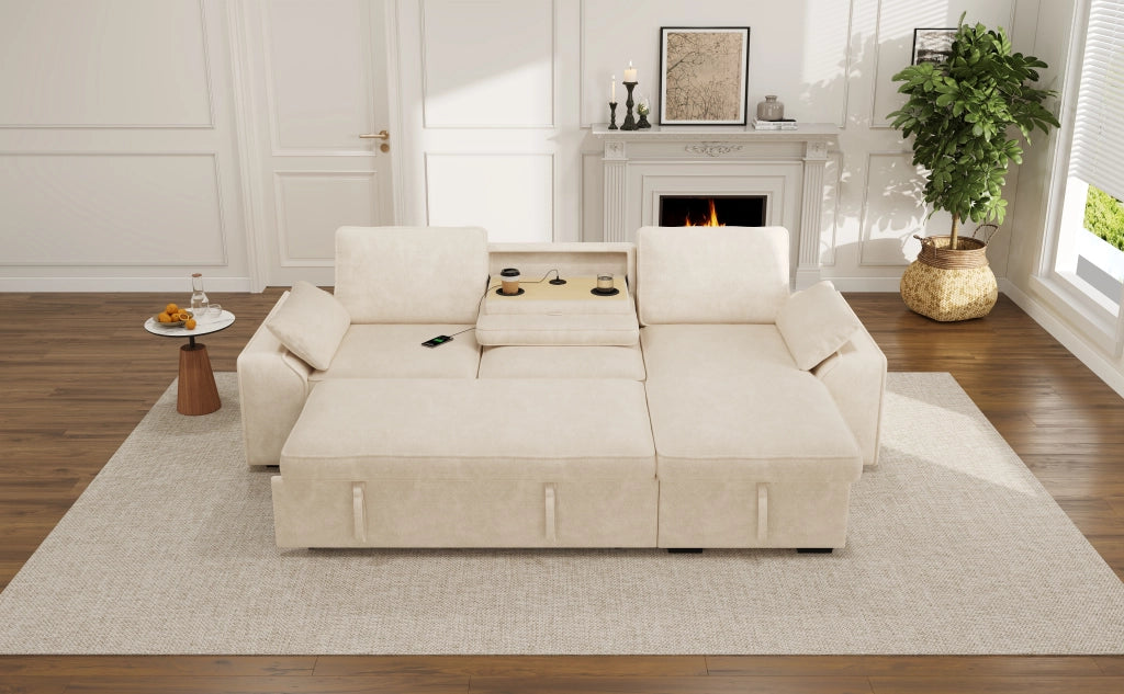 Divano angolare 3 posti convertibile con letto estraibile, contenitore, USB e chenille beige 237 × 141 × 86 cm