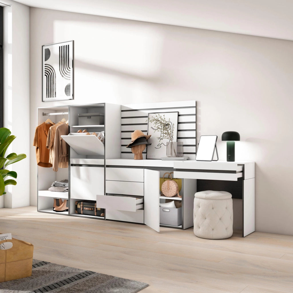 Scarpiera, 297x35x145cm, Camera da letto, Armadio Aperto, Cassettiera, Pannelli Decorativi, Tavolo da toeletta, Bianco RF3502