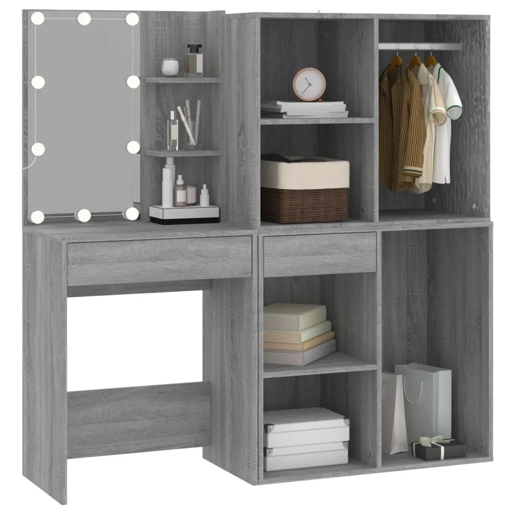 Toeletta | Tavolo da Trucco con LED e Armadietti Grigio Sonoma Legno Multistrato