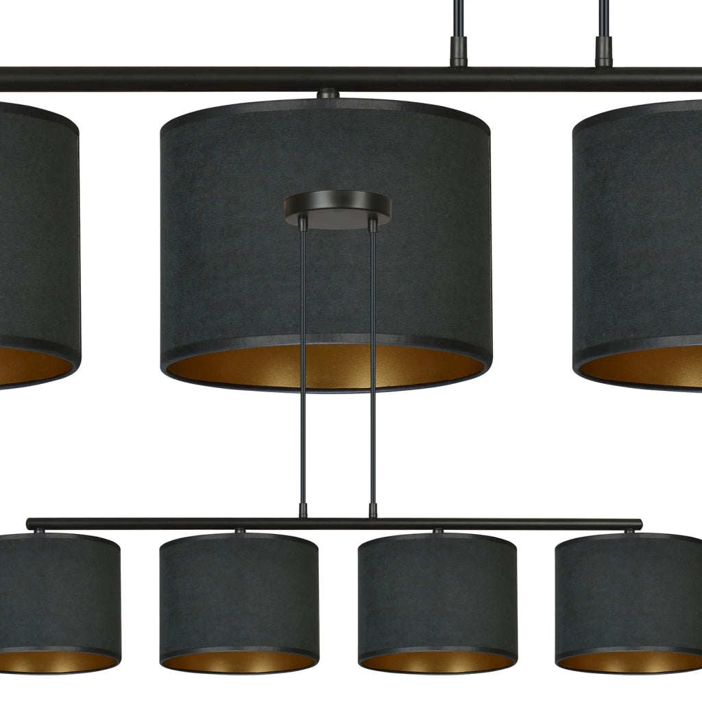 Lampadario 4 Luci Ganesha In Acciaio Nero E Paralumi In Tessuto Nero