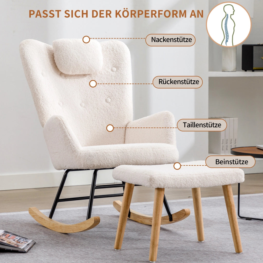 Poltrona a dondolo con poggiatesta e poggiapiedi design elegante per relax quotidiano in tessuto bouclé bianco