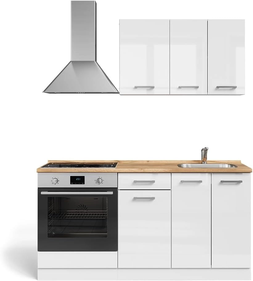 Cucina completa R-Line, Nero lucido/bianco, 160 cm con mobile forno incasso con piano di lavoro, predisposto per l'integrazione di elettrodomestici e lavello