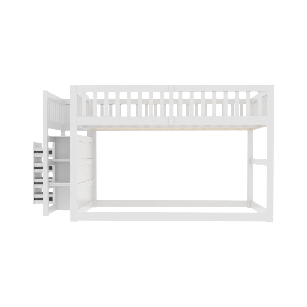 OKWISH Letto a Castello Basso 140×200 cm, Letto Matrimoniale con 4 Cassetti e Scala, Sponde Alte, senza Materasso, in Legno, Bianco