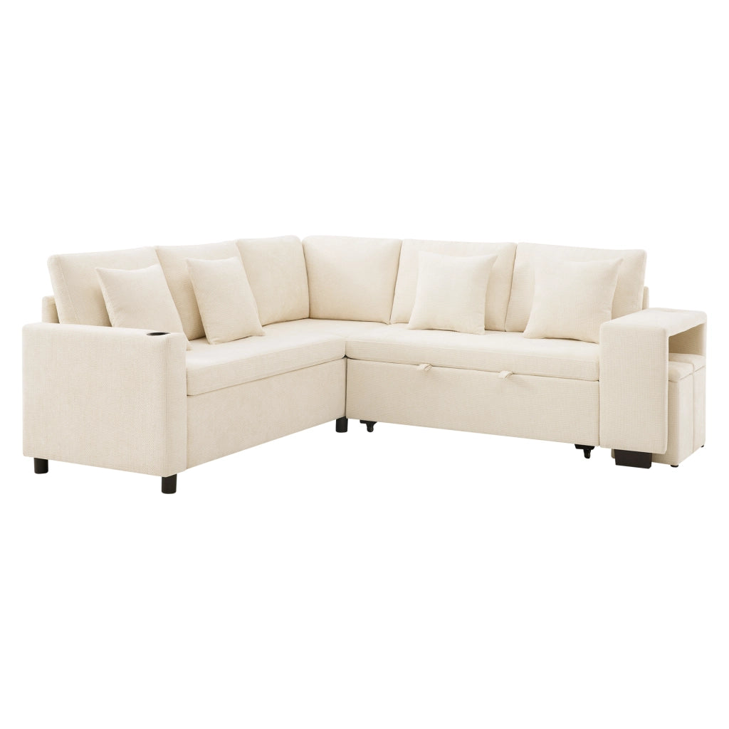 Divano angolare convertibile con chaise longue reversibile, funzione letto e USB, in chenille beige, 220 × 205 × 86.5 cm