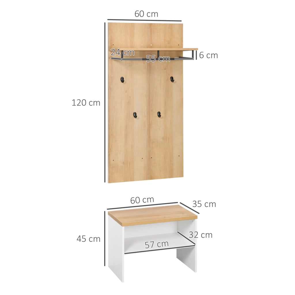 Entryway Organizer with Shoe Bench. Shoe Rack. Hall Tree with 4 Hooks. Coat Rack for Hallway. White and Natural
