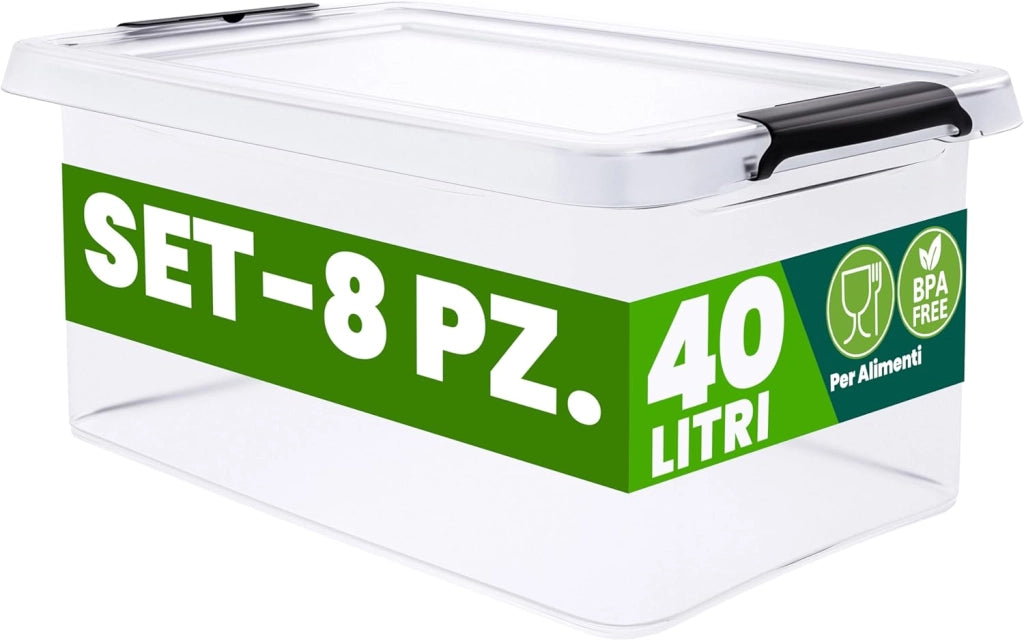 8x Contenitore Trasparente 40L con Coperchio BPA Free Scatole Impilabili Scatola Organizer Cucina Congelatore Contenitori Plastica Box