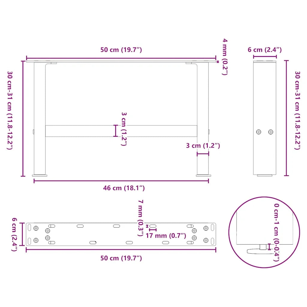 Set di 2 gambe per tavolino da caffè quadrate dal design moderno con piedini regolabili 50 x 30-31 cm acciaio bianco 02_0057501