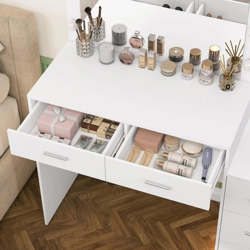 110cm Toeletta Trucco con Luci a Luminosità Regolabile, Grande Specchio, Postazione Trucco con 5 Cassetto e, 2 Ripiani Aperti, Moderno, Bianco