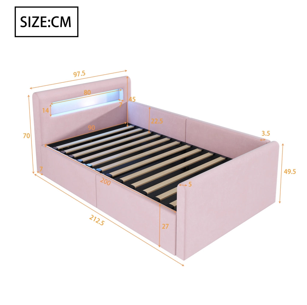 Letto imbottito 90x200 cm con LED; luce notturna; USB e contenitore in velluto rosa