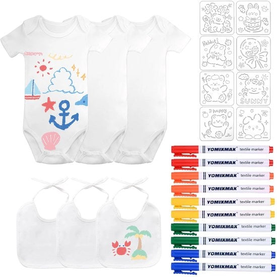 Set di tre fasce in cotone per decorare DIY con halsdochetto e rompertino a maniche corte 40x21cm con 10 pennelli per tessuto e 8 stencil per la pittura per bambina di 9 mesi decorazione per baby shower.