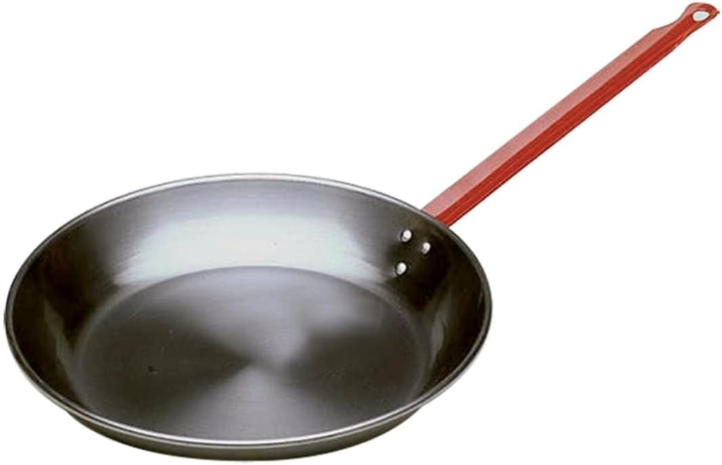 Padella in Ferro Spazzolato con Manico Rosso, per Spaghetti e Wok, Rotonda, Antiaderente Naturale, Manico Ergonomico, Uso Professionale 26 cm