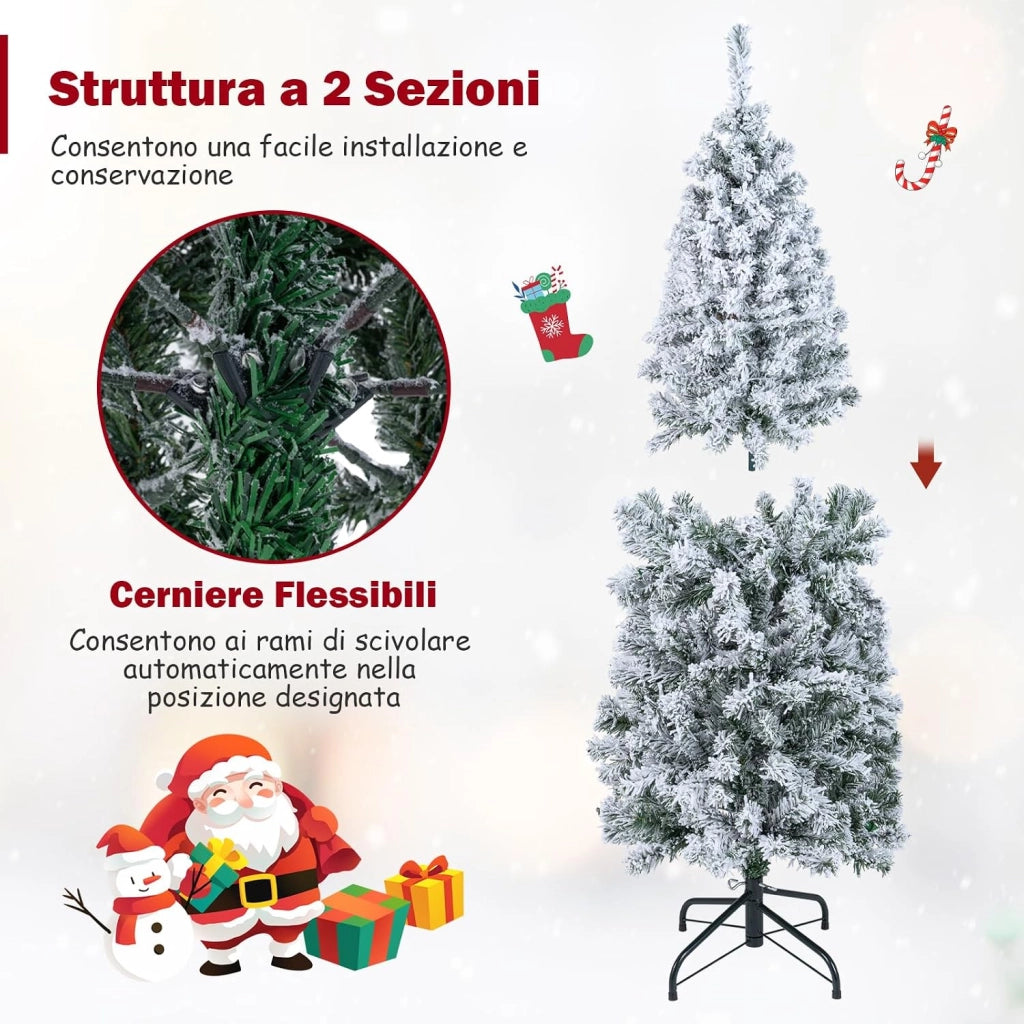 Albero di Natale Slim 150cm, Albero di Natale Innevato con 180 Luci LED, 8 Modalità, 329 Rami in PVC e Base in Metallo Pieghevole, Decorazione Natalizia per Casa e Ufficio (150 cm)