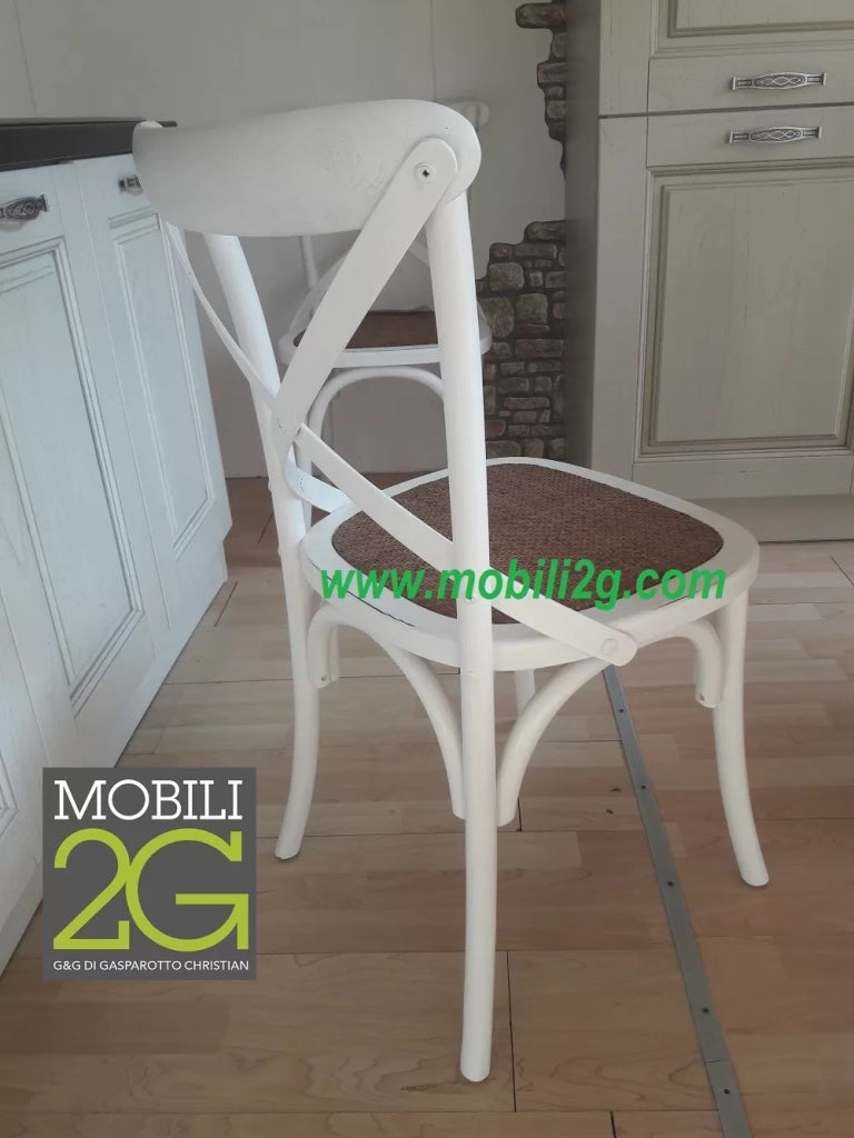 Set 4 sedia cross bistrot shabby vintage bianco olmo seduta rivestita rattan naturale modello x4 - Mobili 2G