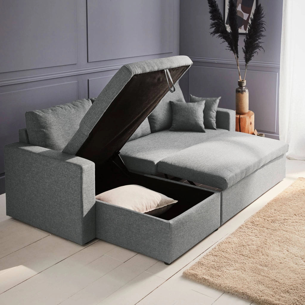 Divano letto angolare reversibile con contenitore, 3 posti, grigio