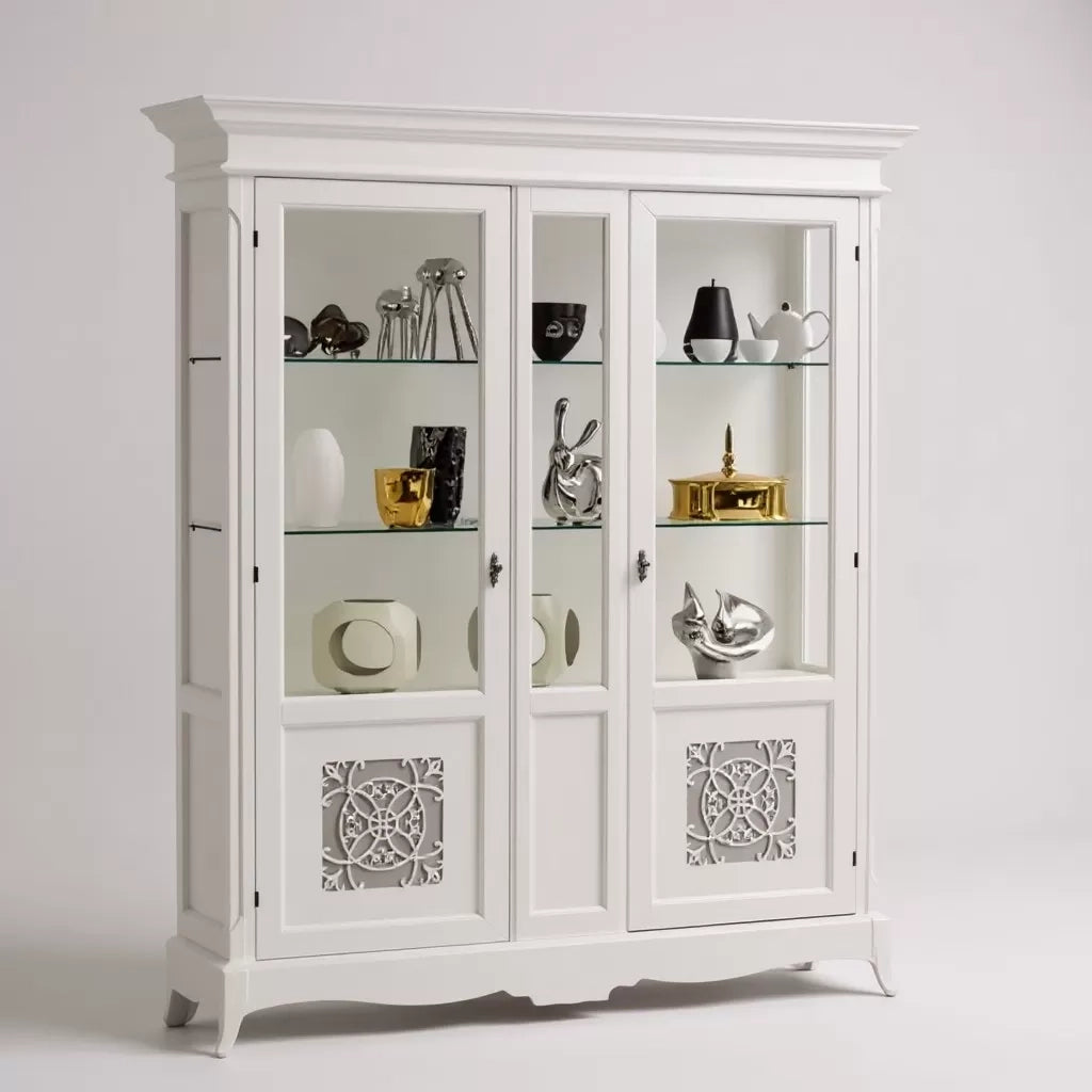 Vetrina 2 porte legno shabby bianco con intarsi 166x51x214 - Mobili 2G